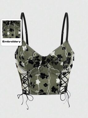 ROMWE Fairycore Green/Black Floral Embroidery Lace Up Cami Top size Large